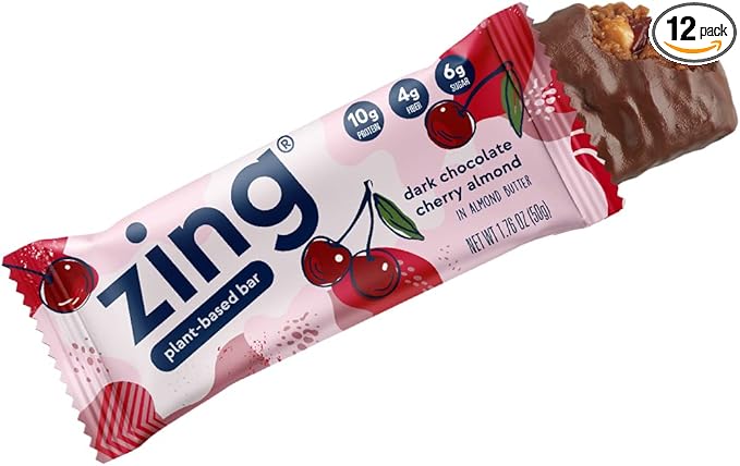 Zing Bars Plant Based Protein Bar Dark Chocolate Cherry Nutrition Bar 10g Protein 6g Fiber Vegan Gluten Free Soy Free Non GMO 12 count