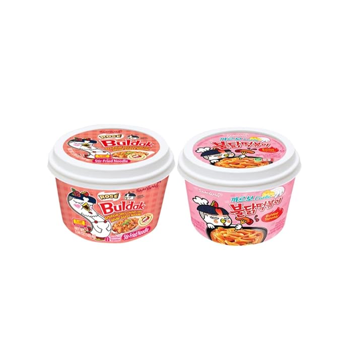 Spicy Buldak Rose Wide Flat Glass Noodle Bowl(169.4g) + Protein Puffs(50g) Assorted Challenge Box (Rose + Carbo TPK)