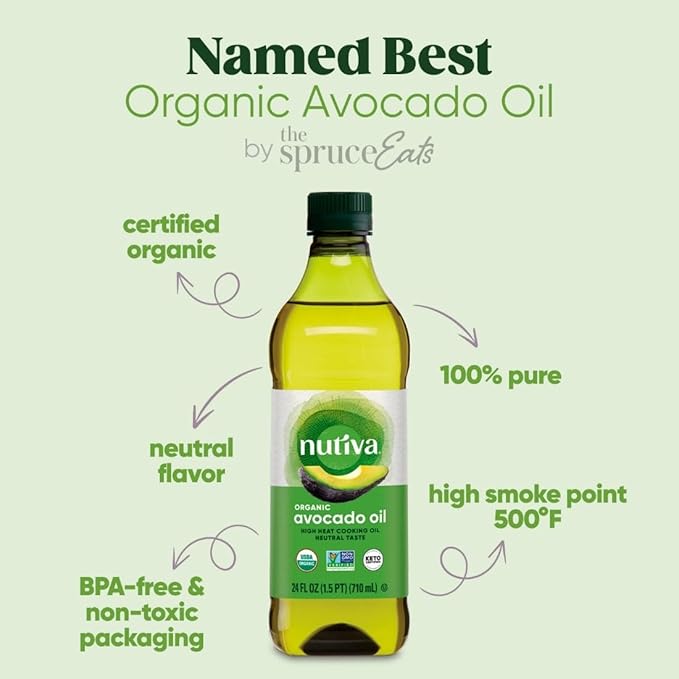 Nutiva Organic Steam-Refined Avocado Oil - Perfect for Cooking Frying Baking and Dressing - High-Heat Oil with Neutral Flavor - Great for Vegan Paleo and Keto Diet - Non-GMO - 24 Fl Oz