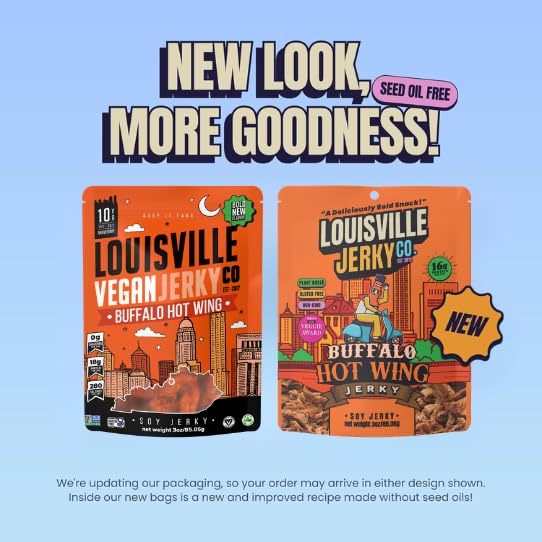 Louisville Vegan Jerky - Buffalo Hot Wing Vegetarian &amp Vegan-Friendly Jerky 21 Grams of Non-GMO Soy Protein 210 Calories Per Bag Gluten-Free Ingredients (3 oz 5-Pack)