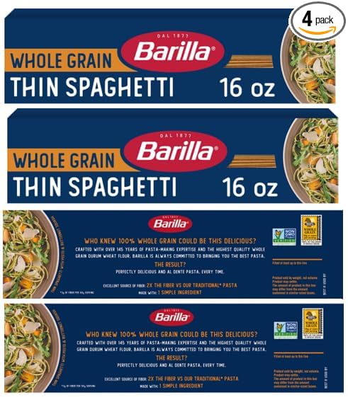 Whole Grain Thin Spaghetti Pasta (4 Boxes 16 oz. each)