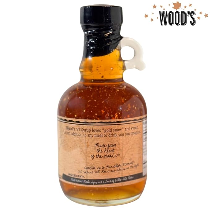 Wood’s Liquid Maple Gold – Vermont Maple Syrup with Real 24K Gold Flakes – Vegan Plant-Based Sweetener – Small Batch Artisanal Luxury Syrup for Gifting Cocktails and Gourmet Cuisine – 8.45 oz Gla