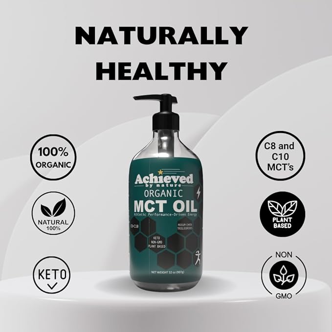 Achieved By Nature Organic MCT Oil 32 oz Pure MCTs from Coconuts C8 and C10 MCTs Keto Diet Friendly Use in Coffee Smoothies High Bioavailability Cold Pressed