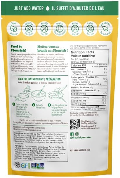 Flourish Plant-Based Protein Pancake &amp Waffle Mix Gluten-Free Dairy-Free Nut-Free Soy-Free Vegan Non-GMO All-Natural Superfood High Protein &amp Fiber Just Add Water - Original 430 g (2