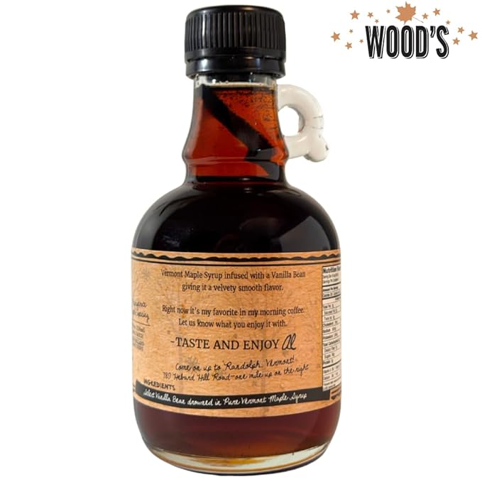 WOOD'S Vanilla Beaned Maple Syrup – Infused Vermont Maple Syrup with Real Vanilla Bean Pod | Smooth Rich All-Natural &amp Vegan Sweetener | Perfect for Breakfast Baking Seafood Popcorn &amp Mor