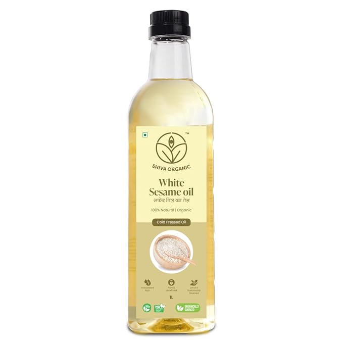 Shiva Organic Cold-Pressed White Sesame Oil - 100% Natural Certified Organic - 1L (33.8 fl oz) for Cooking Dressings and Health