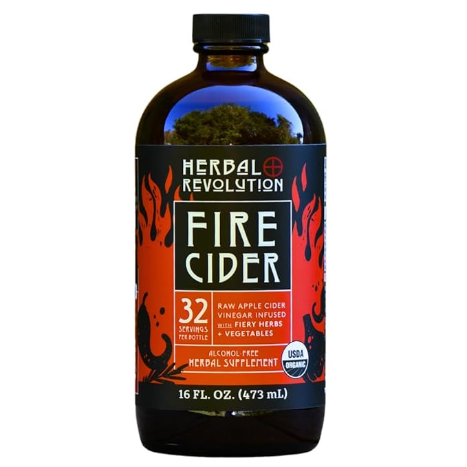 Herbal Revolution Fire Cider Apple Cider Vinegar - Certified Organic Non-GMO ACV Infused with Ginger Horseradish Hot Peppers Honey and More - Made Using Regenerative Farming Practices 16 Oz