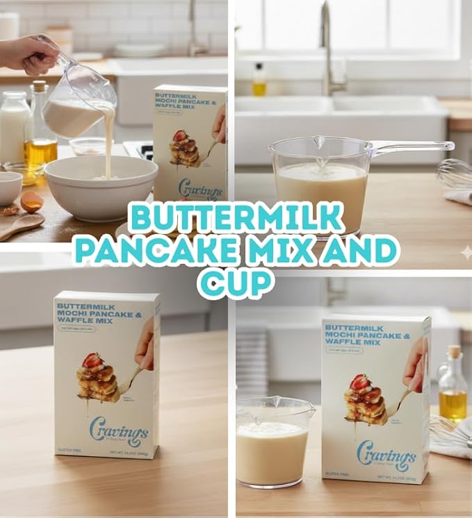 Butter Milk Pancake – 6x Buttermilk Mochi Pancake and Waffle Mix – 14.2OZ Bundle with 1 Cup Plastic Clear Measuring Cup – Rice Flour Blend with Buttermilk for Pancakes and Waffles – Gift Set (7 Items)