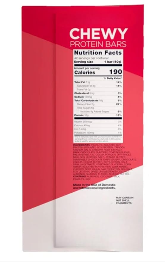 Protein Bars - Peanut Butter &amp Chocolate Chip 10g Protein Gluten-Free 42 Count 1.41 oz Each 59.2 oz Total