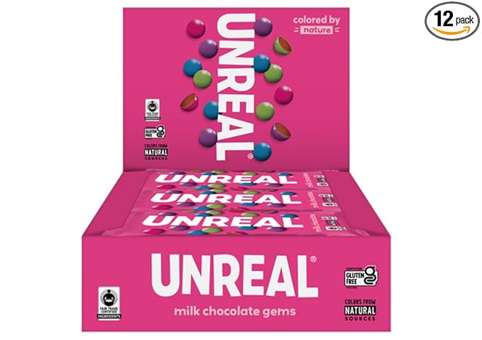 UNREAL Milk Chocolate Gems | Certified Fair Trade Non-GMO | Made with Gluten Free Ingredients and Colors from Nature | No Sugar Alcohols or Soy | 12 Snack Packs