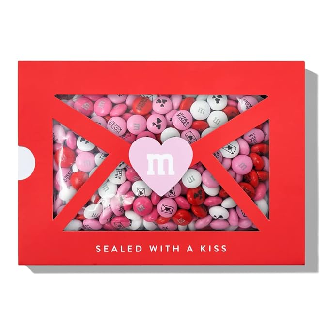 M&ampM’S WORLD Valentines Day Chocolate Candy Box Sealed With A Kiss Gift 1lb Box with Kisses and Heart Icons