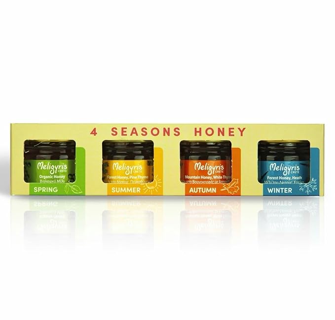 Meligyris Greek Honey Gift Set 4 Varieties Pack with Mountain Honey Pine Thyme Forest Honey Heath Organic Honey