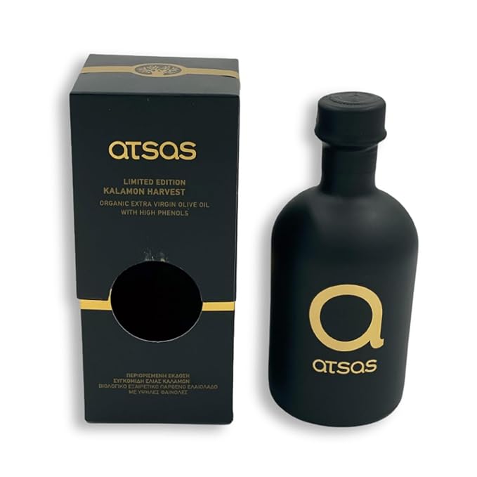 Atsas Gold Limited Edition Organic Extra Virgin Olive Oil - 3024mg/kg Polyphenol Kalamon Harvest Greek EVOO - Cold Pressed Unfiltered - Award Winning Gourmet Finishing Oil - 250ml Glass Bottle