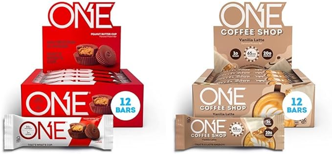 ONE Protein Bars Peanut Butter Cup Gluten Free Protein Bar with 20g Protein and only 1g Sugar &amp Coffee Shop Protein Bars + Caffeine Vanilla Latte Gluten Free with 20g Protein and 1g Sugar