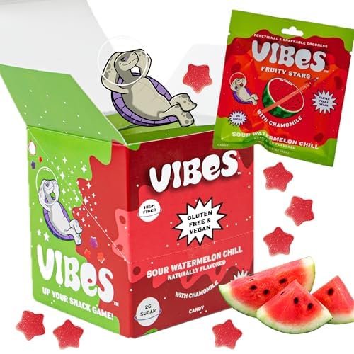 VIBES Sour Watermelon Chill Fruity Stars - Delicious Low Calorie Gluten-Free Bulk Fruit Snacks - High Fiber Healthy Fruit Snacks -2g Sugar - 6 Packs of 18 Fruit Gummies - Snack of the Slopes
