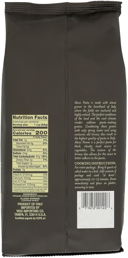 Alessi Italian Pasta - Organic Penne - Case of 12 - 16 oz.