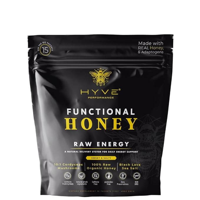 HYVE Functional Pre-workout Honey – Caffeine Free Raw Energy Packets with Organic Cordyceps Mushrooms Volcanic Sea Salt &amp Organic Honey – Energy Boost with Natural Adaptogens Pack of 15 Sachets