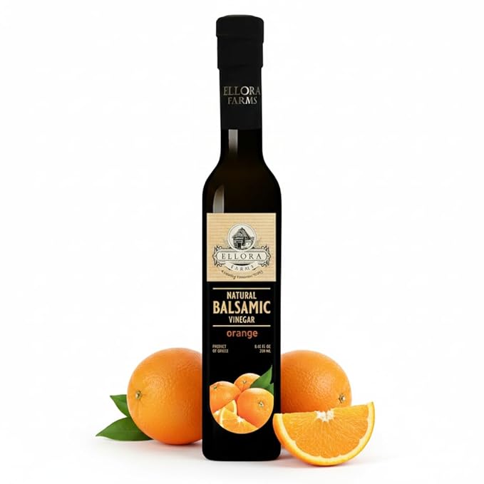 Ellora Farms Orange Balsamic Vinegar Real Fruit Infused Thick Barrel Aged No-added sugars No-preservatives Glass bottle 8.5 oz (Orange)