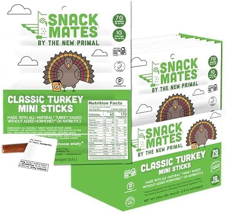 New Primal Snack Mates Turkey Sticks Gluten Free Healthy Snacks for Kids Low Sugar High Protein Back to School Snacks Mini Paleo Jerky Meat Stick 7g Protein 45 Calories 40 Pack