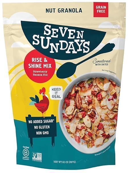 Seven-Sundays Rise &amp Shine Strawberry Banana Nut Granola Cereal 20 oz (Pack of 1) – Grain-Free Gluten-Free Keto Friendly 5g Protein 5g Net Carbs Made with Real Nuts &amp Fruit