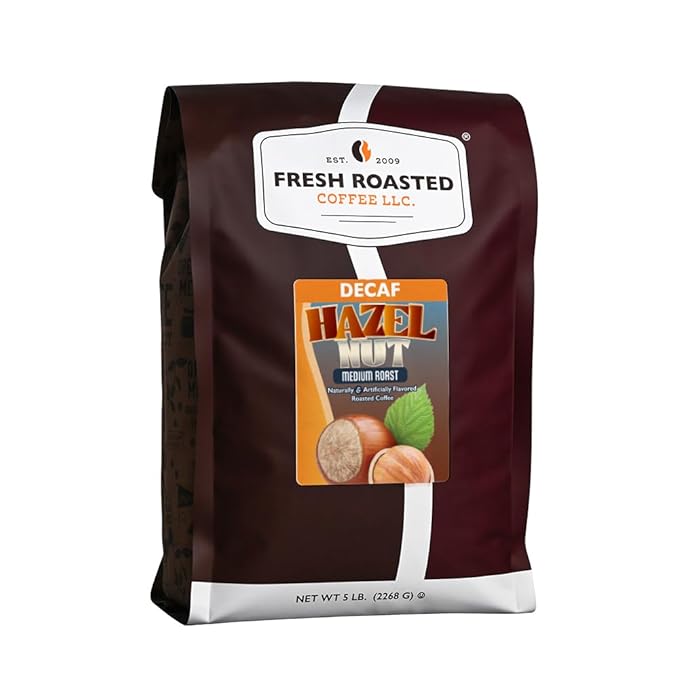 Fresh Roasted Coffee Decaf Hazelnut Flavored Coffee 5 lb (80 oz) Medium Roast Kosher Ground