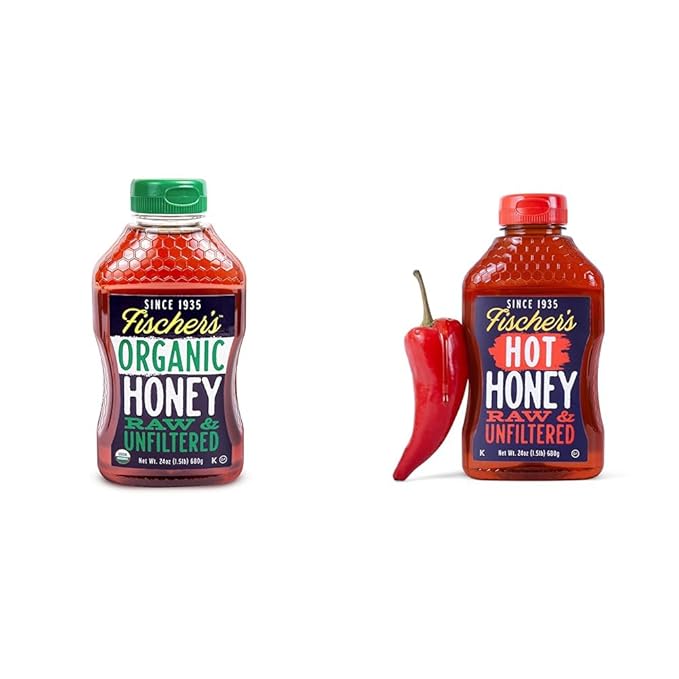 Fischer's Organic &amp Hot Honey (24x2 Oz) – Taste the Difference – USDA Organic &amp 100% Raw Unfiltered Honey Infused with Hot Pepper