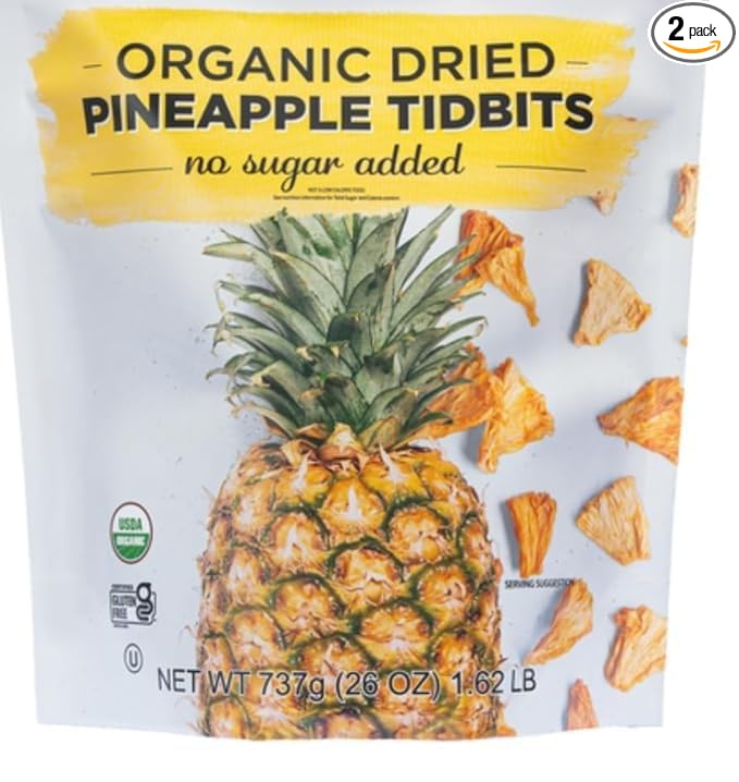 Organic Dried Pineapple Tidbits Kirk-LAND USDA Organic No Sugar Added Gluten Free Kosher Certified Single Ingredient No Preservatives 26OZ (Pack 2)