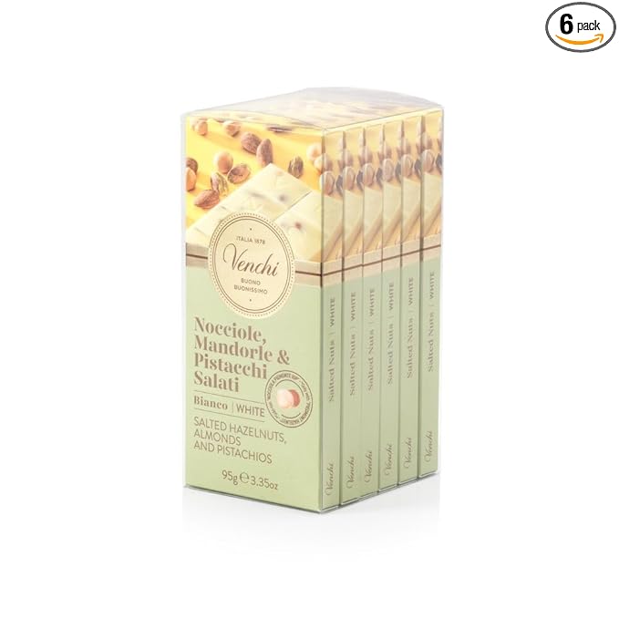 Venchi - Bundle of 6 White Chocolate with Salted Nuts Bars - with Hazelnuts Pistachios and Almonds 21.16 oz - 3.52oz each bar - Gluten Free - Family Pack