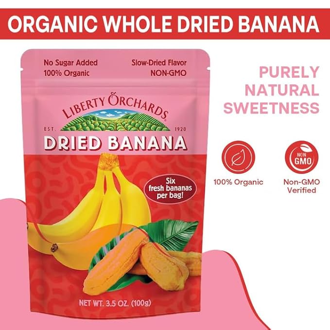 Liberty Orchard Organic Whole Dried Banana - Naturally Sweetened Dried Fruit Snack for Healthy Digestion &amp Busy Lifestyles - Delicious 6 Fresh Bananas in Each Bag - 5 Pack