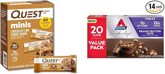 Quest Mini Chocolate Chip Cookie Dough Protein Bars 14 Count &amp Atkins Peanut Butter Cups Dessert Favorite 20 Count