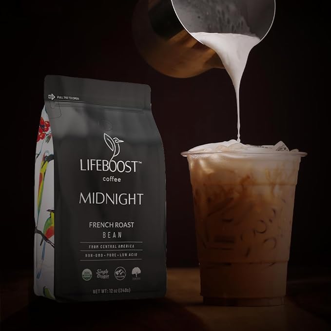 Lifeboost Midnight French Roast Coffee Beans - Single Origin Non-GMO USDA Organic Low Acid French Roast Coffee - Third Party Tested For Mycotoxins &amp Pesticides - 12 Ounces