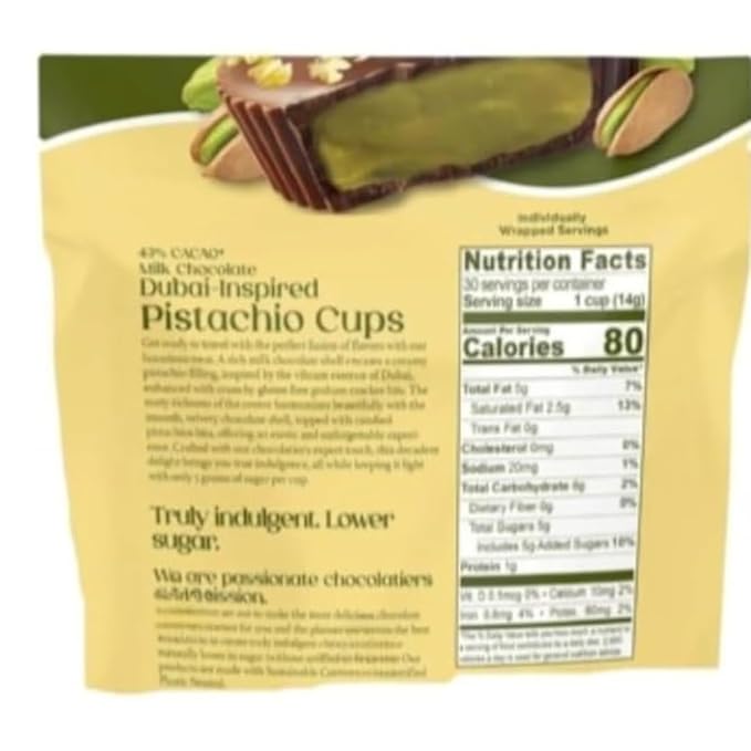 Milk Dubai Chocolate Inspired Pistachio Cups Individually Wrapped Milk Chocolate with Pistachio Filling 14.8 oz (30 Cups) – Pack of 2