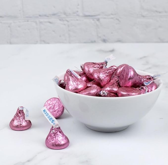 KISSES Milk Chocolate Candy 3 lbs (48 oz) Solid Milk Chocolate Kisses In PINK Foil Wrap Approx 300 Pieces Pink Foil Wrapped Candies