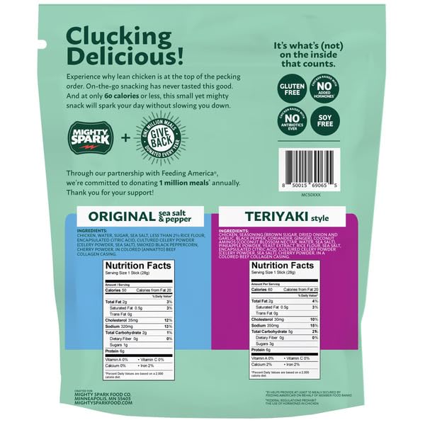Mighty Sparks Chicken Snack Sticks Variety Pack Original &amp Teriyaki – 12 oz Bag (12 Sticks) – All Natural Low Calorie High Protein Meat Snacks – Gluten Free &amp Keto Friendly