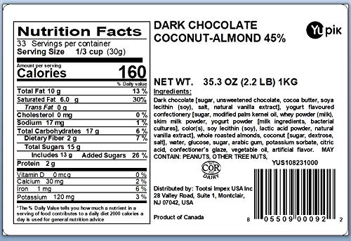 Yupik 45% Dark Chocolate &amp Coconut Coated Almonds 2.2 lb (35.2 oz) Gluten-Free Kosher Whole Roasted Nuts Crunchy Almonds Dipped in Chocolate and Coconut Coating Chocolate Candy Sweet Snacks