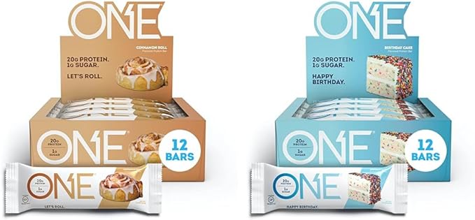 ONE Protein Bars Cinnamon Roll Gluten Free Protein Bars with 20g Protein and Only 1g Sugar &amp Protein Bars Birthday Cake Gluten Free Protein Bars with 20g Protein and only 1g Sugar Guilt-