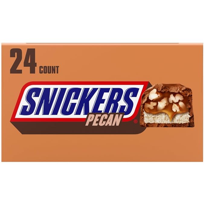 SNICKERS Pecan Milk Chocolate Candy Bar - Full Size Bars Bulk Box Individually Wrapped 24-Pack 33.8 oz