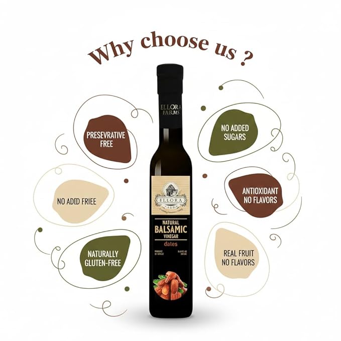 Ellora Farms Balsamic Vinegar Dates Infused Thick and creamy Barrel aged No-added sugar Award Winning Glass bottle 8.45 oz. (Dates)