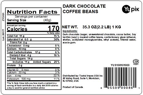 Yupik Dark Chocolate Covered Coffee Beans 60% Cacao 2.2 lb (35.2 oz) Kosher High in Fiber Coffee Beans Coated in Rich Dark Chocolate Chocolate Candy Sweet Snacks Ideal for Baking &amp Gifting
