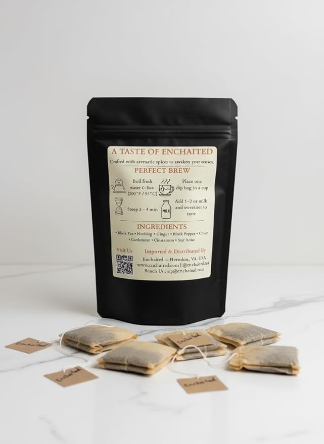 ENCHAITED Authentic Masala Chai Tea Bags - 30 Count | Premium Assam Tea Loose Leaf Quality in Convenient Tea Bags | Chai Spice Tea | Natural Caffeine | Individual Wrapped