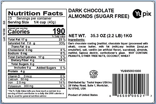 Yupik Sugar Free Dark Chocolate Almonds 2.2 lb (35.2 oz) Kosher Dark Chocolate Covered Roasted Almonds Nuts Dipped in Chocolate Source of Fiber Crunchy &amp Smooth Sugar-Free Snacks