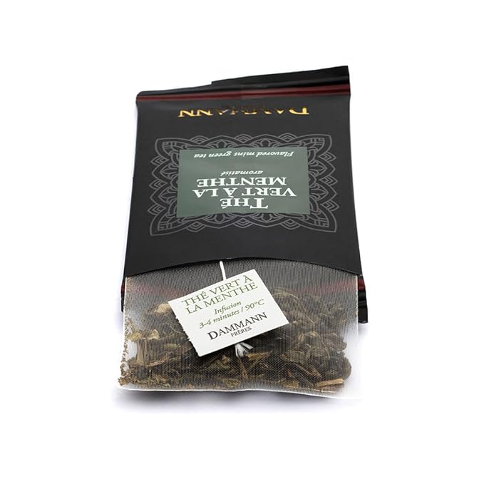 Dammann Freres Satchets Green Mint Tea Bags Premium Gourmet French Green Tea Blend Spearmint Peppermint Flavors Individually Wrapped 24 Count (Single Pack)