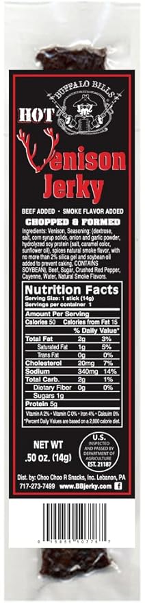 Buffalo Bills Individually Wrapped Hot Venison Jerky 7 Strips (25 venison jerky strips per tub