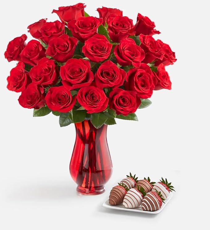 Shari’s Berries 24 Classic Red Roses &amp 6 Chocolate Covered Strawberries Gift Set | Chocolate &amp Fresh Flower Gift Box | Valentine's Day Anniversary Celebrations &amp Thank You’s