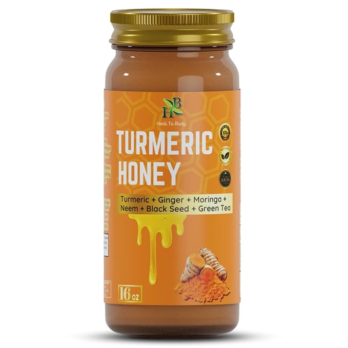Herb To Body Turmeric Honey – 16oz Multifloral Honey with Turmeric Ginger Moringa Neem Black Seed &amp Green Tea for Tea Drizzling Marinades and Everyday Recipes
