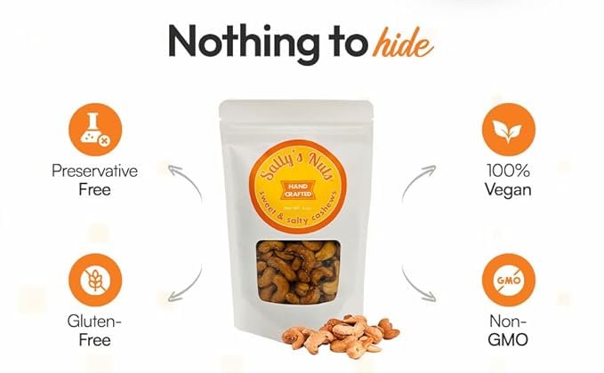 Sally's Nuts - Premium Hand Crafted Sweet &amp Salty Nuts - Vegan Gluten Free Preservative Free Certified Kosher Hand Made in Small Batches (16oz Cashew)