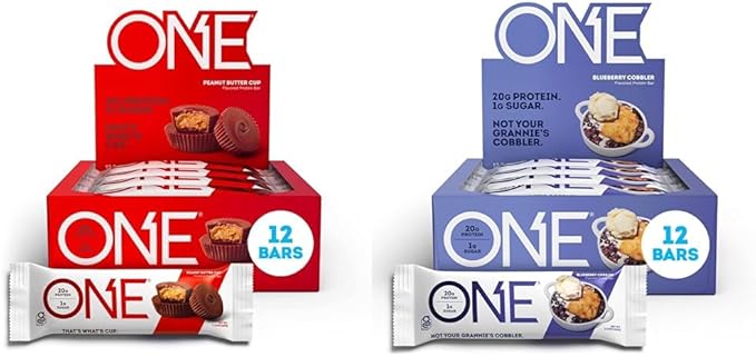 ONE Protein Bars Peanut Butter Cup Gluten Free Protein Bar with 20g Protein and only 1g Sugar &amp Protein Bars Blueberry Cobbler Gluten Free Protein Bars with 20g Protein and only 1g Sugar