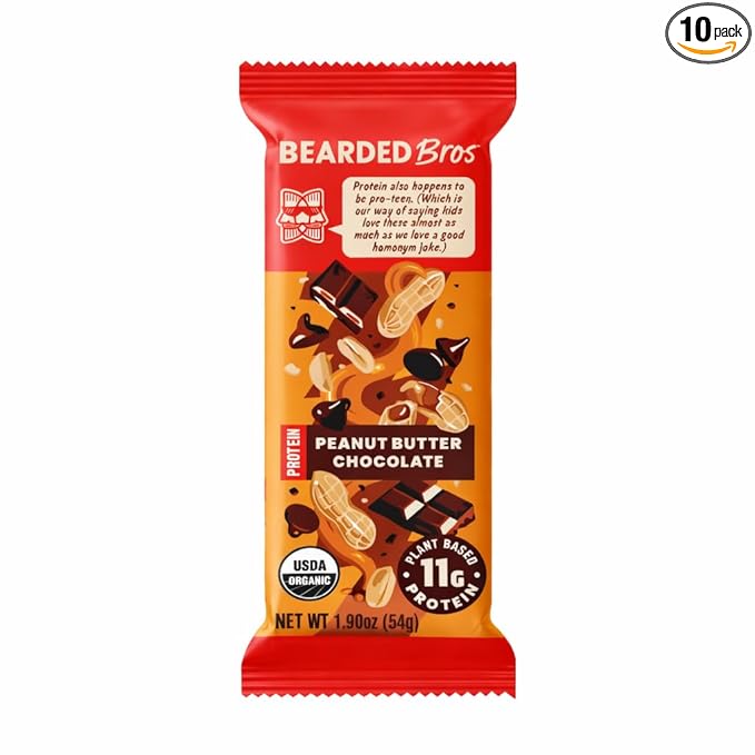 Bearded Brothers Organic Protein Bars Peanut Butter Chocolate (10 Pack) - 11g of Plant Based Protein Gluten Free Vegan Non-GMO Healthy Snacks for Adults Good Source of Fiber