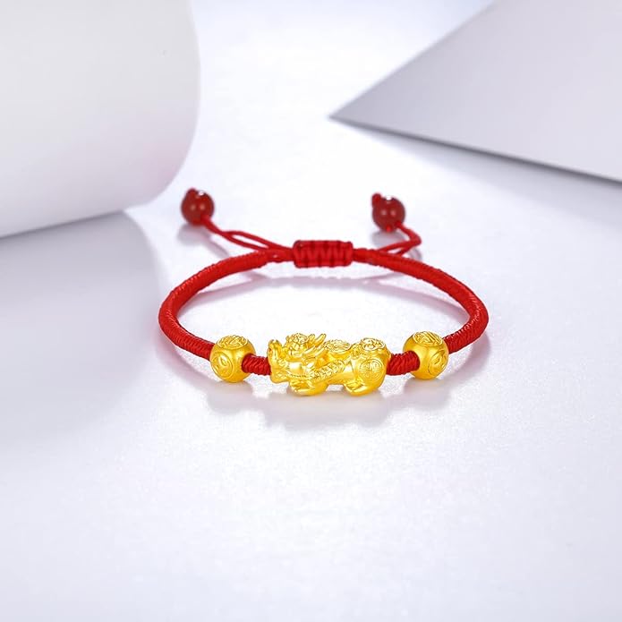 24K Solid Gold Bracelet for Women Real Pure Gold Jewelry Dainty Fortune Pixiu Ball Dragon Turtle Adjustable Red Black Braided Bracelet Her Men Mom