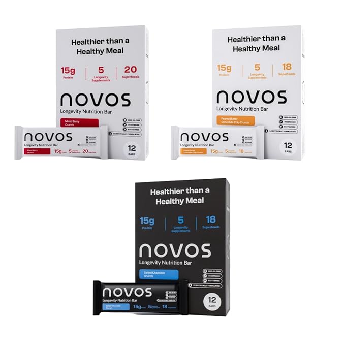 NOVOS Longevity Protein Bar Variety Pack (3 Flavors) – Peanut Butter Mixed Berry Crunch &amp Salted Chocolate Crunch | 15g Protein 20 Superfoods &amp Longevity Nutrients | Healthy Snack for Energy